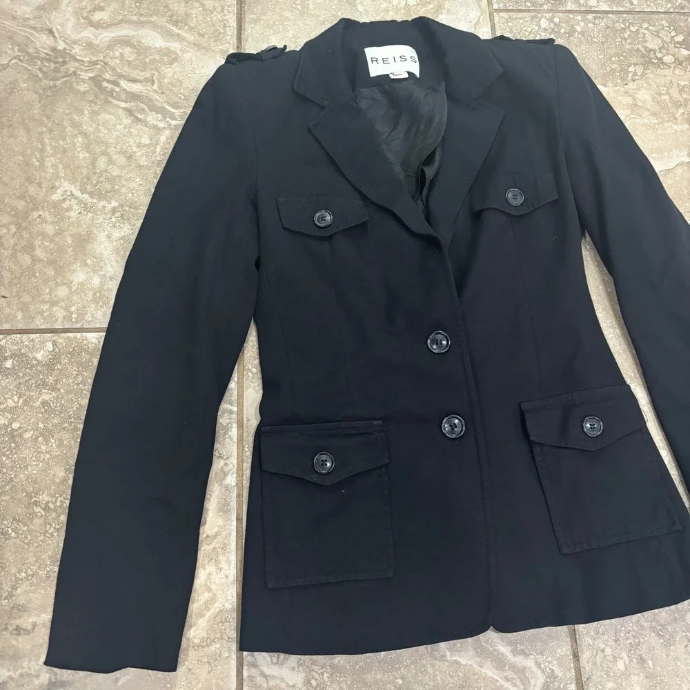 Reiss Womens Black Utility Blazer Jacket‎ Military Style Epaulettes Size XS